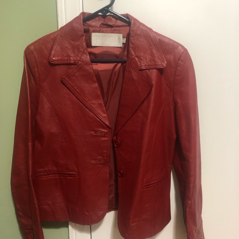 Women's Red Leather Blazer Jacket - Classic Tailored Style